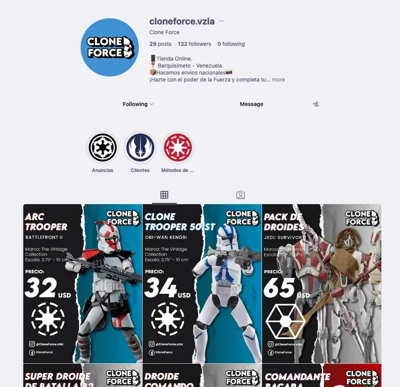 Instagram de Clone Force - Venta de figuras Star Wars en Venezuela